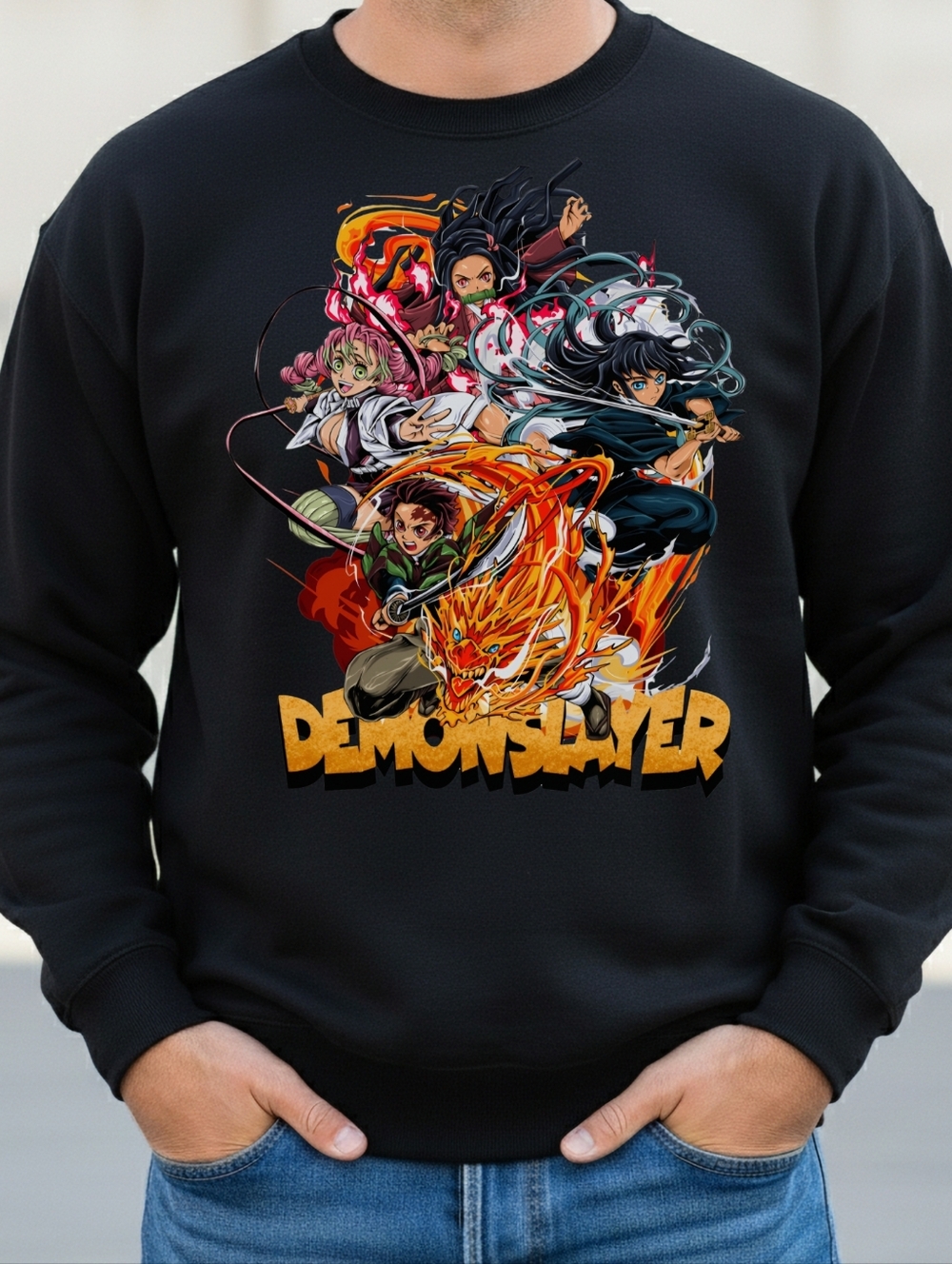 Gildan Black Crewneck Sweater with Vibrant Multicolor Anime Graphic